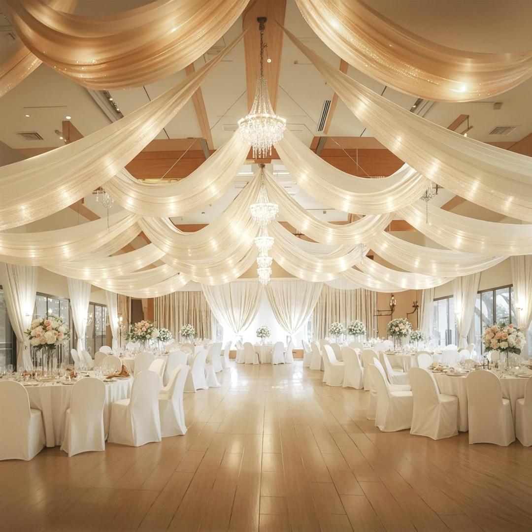 6 Panels Ivory Ceiling Drapes with Lights String for Weddings Ceiling Drapes 5ftx30ft Wedding Draping Fabric Sheer Curtains Tulle Ceiling Drapery Wedding Decorations for Party Ceremony Stage Swag