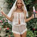 Kolagri Sexy Women Lace Pajamas Lingerie Set High Waist Sheer Sleepwear Bow Ties Cami Shorts Set (White)