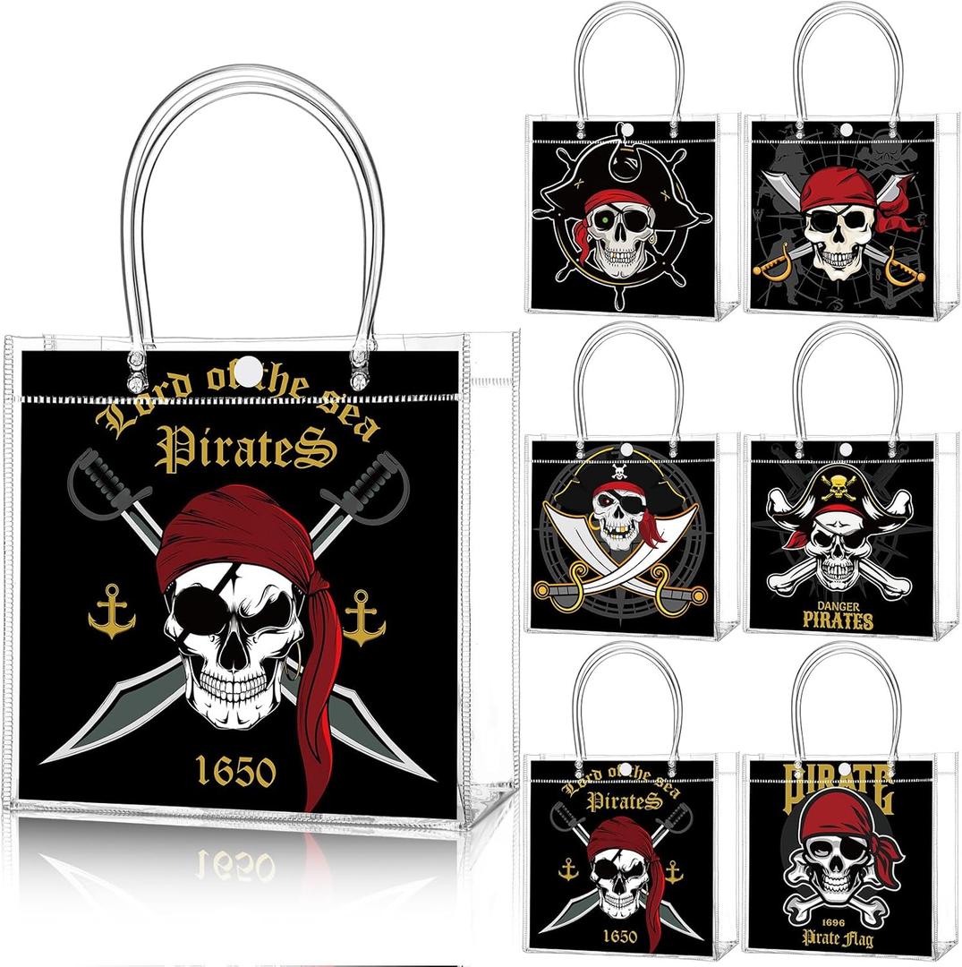 Teenyyou 24 Pcs Pirate Party Favor Bags Pirate Clear PVC Goodie Treat Tote Gift Bags with Handles Theme Birthday Party Supplies