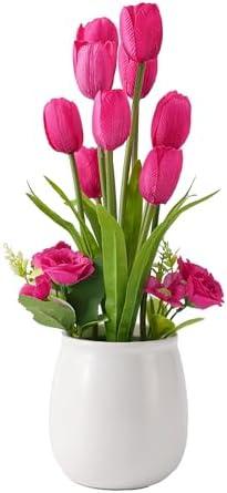 Angerlo 15.75 Inch Artificial Tulip Flowers in Ceramic Vase, Realistic Silk Fake Tulip Spring Flowers Look Real, Lifelike Floral Arrangement for Home, Office, Table Centerpiece, Indoor Decor (Magenta)