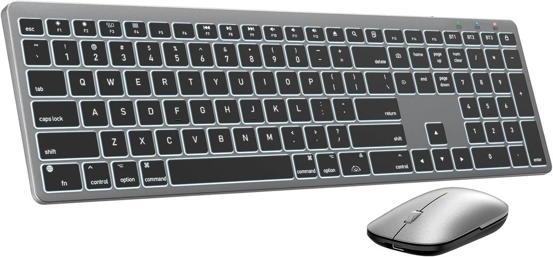 SABLUTE Bluetooth Keyboard and Mouse for Mac  7-Color Backlit, Multi-Device, Rechargeable, Full-Size Wireless Keyboard Mouse Combo with Quiet Scissor-Switch Keys & Tilt Legs for Mac (Space Gray)