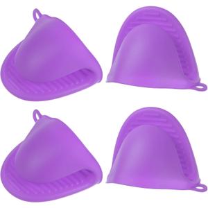 HARFINGTON 4pcs Thickened Mini Oven Gloves, Heat Resistant Silicone Oven Mitts Finger Pinch Grips Pot Holder for Kitchen, Cooking, Baking, BBQ Heat Resistant Gloves, Purple