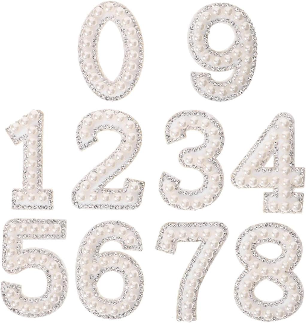 Operitacx Pearl Number Iron on Patches Digital Diamond Rhinestone Stickers for Clothing DIY Decoration Non-Woven Fabric Appliques for Sweaters Hats Bags Easy to Attach (white)