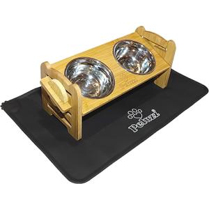 Dog Bowls Elevated Adjustable Height Bamboo Raised Feeding Stand with Stainless Steel Bowls, for Dogs & Cats, Cat Bowls Elevated, 6 Height Levels, 15 Tilt & Includes Waterproof Feeding Mat