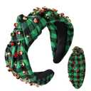 Christmas Holiday Headband Xmas Hair Accessories Green Plaid Knotted Head Band for Women Embellished Crystal Top Knot Head Band Christmas Costume Party Favor (Green Plaid)
