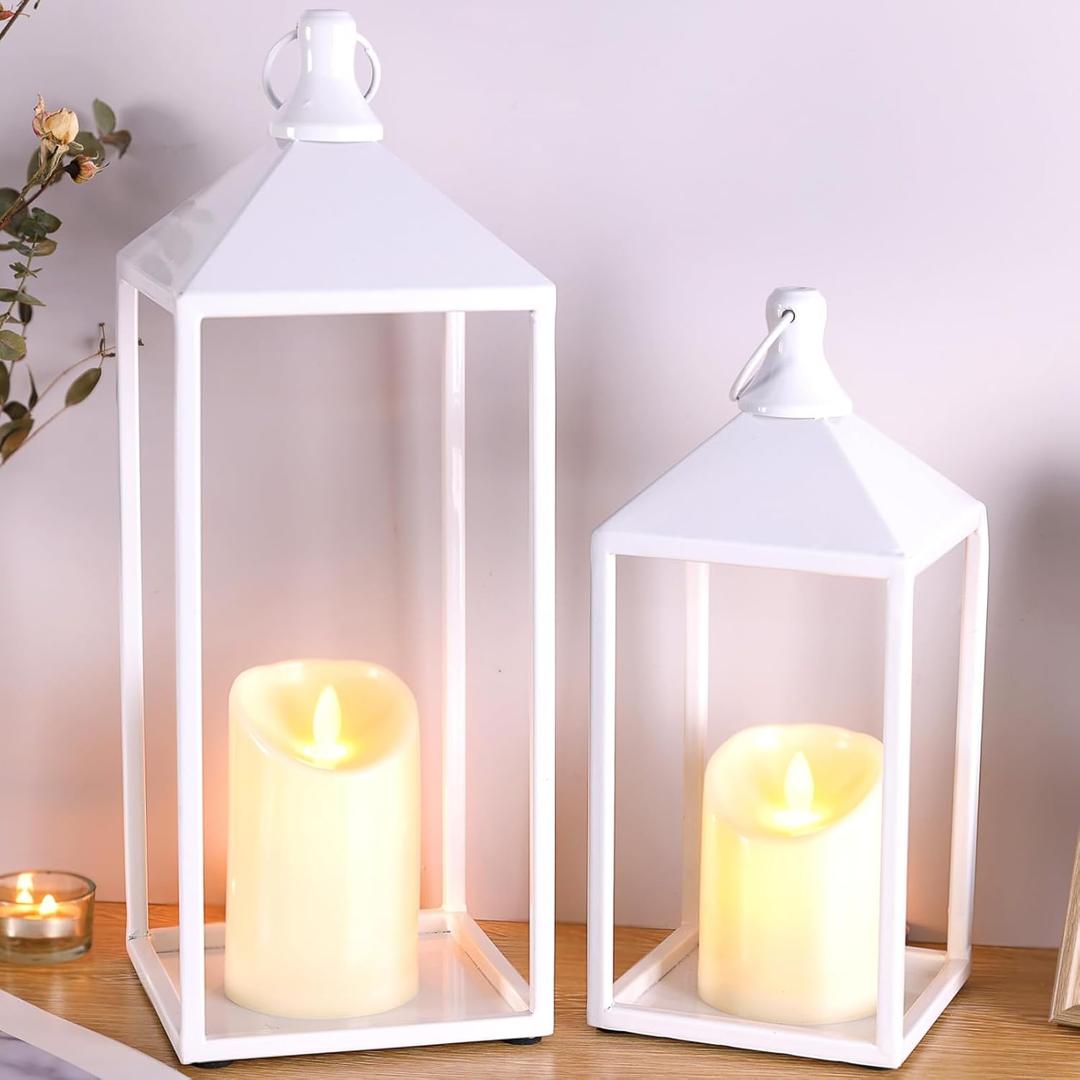 MATAHUM 2 Pcs Wedding Lanterns Decorative with LED Flameless Candle - White Vintage Farmhouse Metal Decorative Candle Lanterns for Wedding, Fireplace, Table Centerpiece, Indoor, Room, Valentine Decor