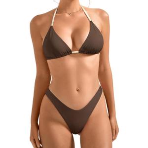 SUUKSESS Women Halter String Two Piece Bikini Sets Reversible Thong Swimsuit (Small, 105 Brown White Color Block)