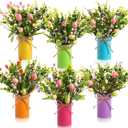 Riceshoot 6 Sets Spring Easter Table Centerpiece Decor 12 Easter Artificial Flower Picks with 6 Metal Pots 12 Eucalyptus Egg Stems Twig Branches Sprays with Berries for Home Arrangement(Mixed Color)