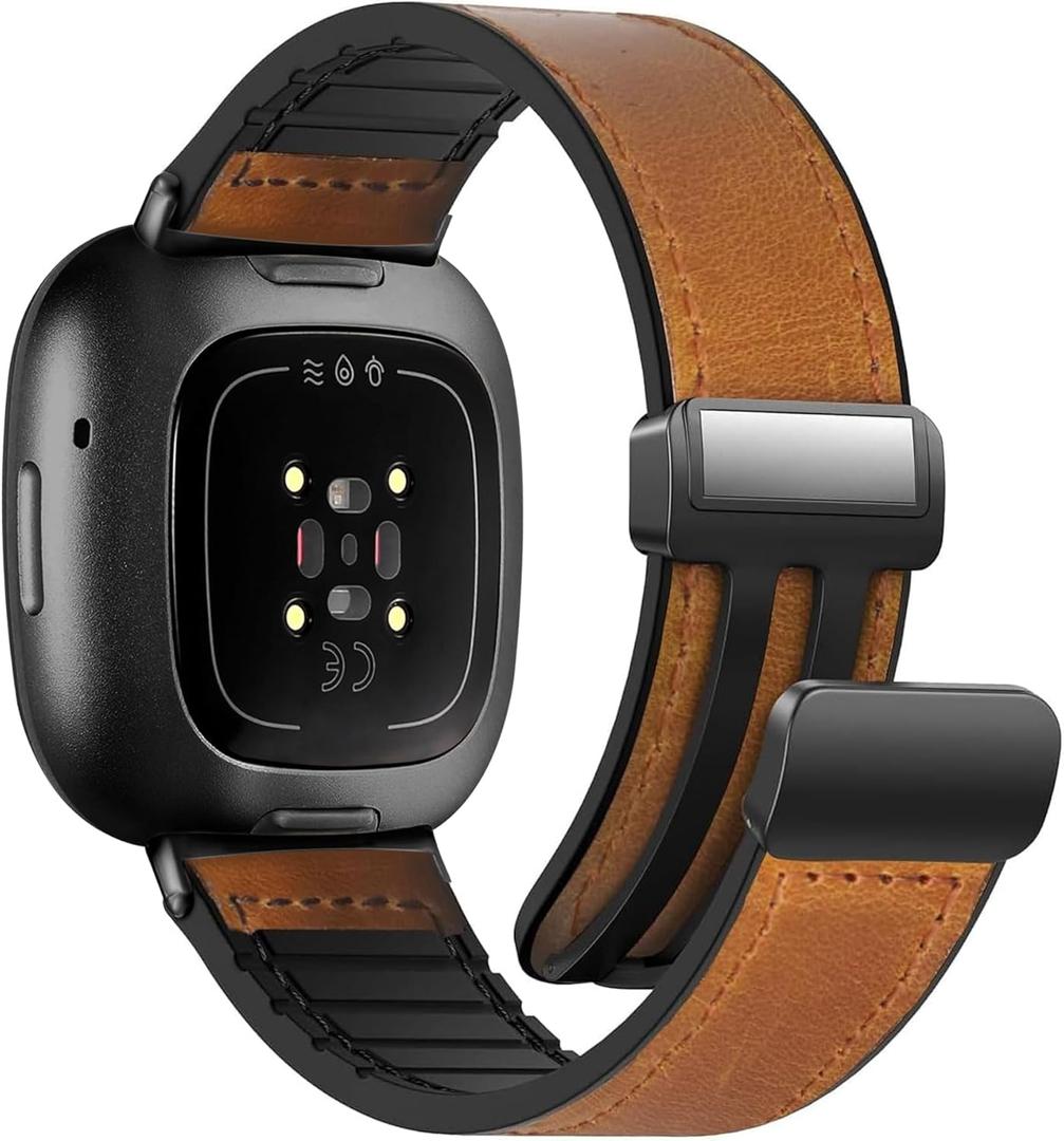 Magnetic Leather Bands Compatible with Fitbit Versa 4/Versa 3/Sense 2/Sense, Magnetic Clasp Wristband Accessory, Adjustable Soft Replacement SmartWatch Strap for Men and Women