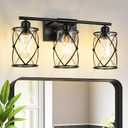 3-Light Black Bathroom Light Fixture, 21 Inch Modern Farmhouse Vanity Lighting Fixtures Over Mirror with Glass and Metal Cage, Wall Sconce Lights for Bath, Rust-Resistant, E26, CH9176BK-3W