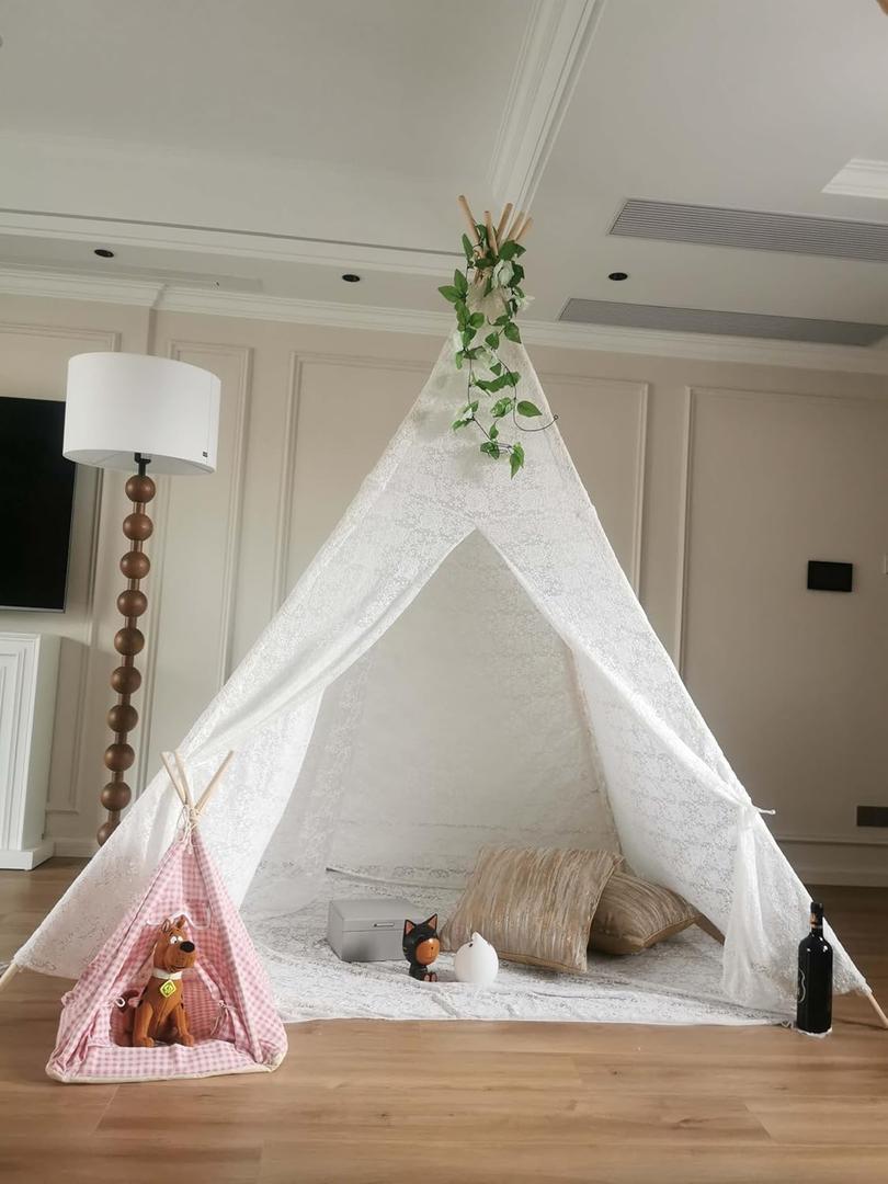 ABULU Elegant 5-Sided Lace-Adorned Large Teepee Tent for Adults87" HeightIndoor/Outdoor Versatile Use Boho Indian DesignPerfect for Princess Parties, Weddings, Beach & Picnics  White