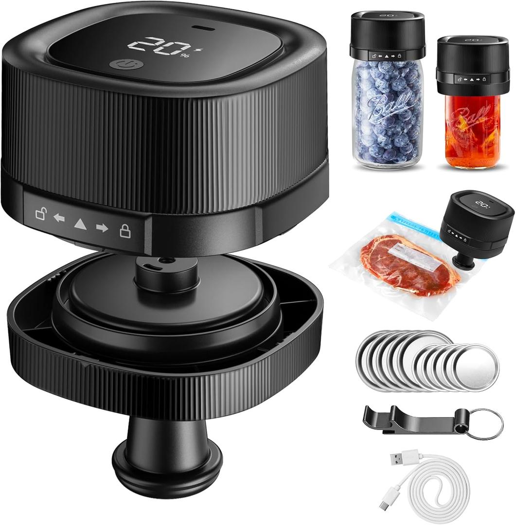 ZIWEO Mason Jar Vacuum Sealer Kit for Wide Mouth and Regular Mouth Mason Jars, Electric Vacuum Sealer with Suction Nozzle, 10 Lids and 1 Vacuum Bag, Compact and Auto Stop Design