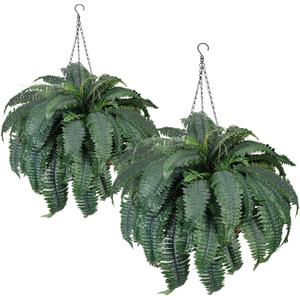 Set of 2 Faux Ferns 72 Fronds, 48" Large Fake Plants Boston Ferns with Hanging Basket UV Resistant Artificial Greenery Plant Outdoor for Front Porch Living Room Garden Decor