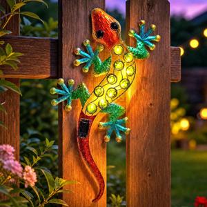23.8" Solar LED Light Metal Gecko Wall Decor, Lizard Sculpture for Garden, 23.8"L x 11.4"W, Pack Of 1