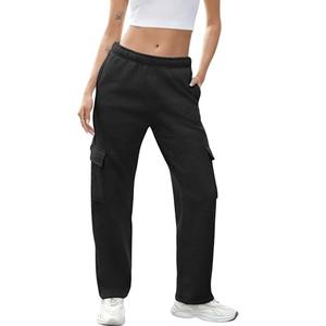 QIBABU Womens Fleece Cargo Sweatpants Casual Baggy Wide Leg Jogger Pants Athletic Open Bottom with Pockets(1777-Black-S-QB) M