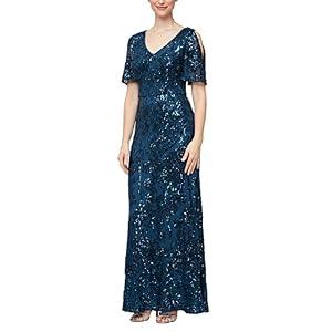 Alex Evenings Women's Long Sequin Dress with Flutter Sleeves, Deep Ocean Blue, 18