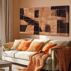 LEVERUP Large Abstract Wall Art Geometric Block Wall Artwork Brown Wall Decor for Living Room Bedroom Office 29×58 Inch