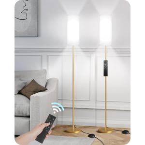 Set of 2 Dimmable Floor Lamps for Living Room with 2 Remotes and Foot Switch, 64.4Modern Standing Lamp, Corner Lamp for Bedroom, Bulb Included, 3000K-6500K, White and Gold DCW06LDP205W1