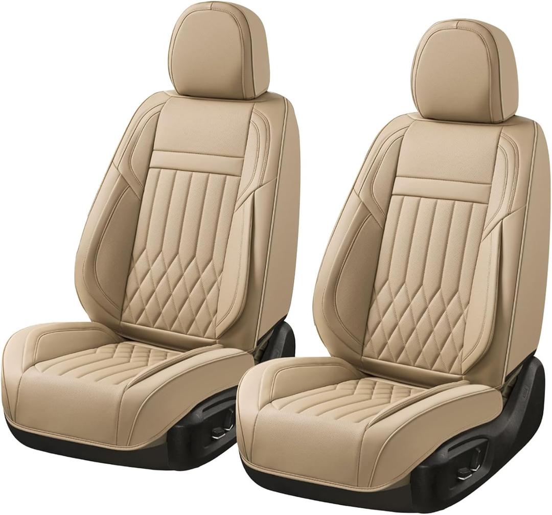 2-Seater Waterproof and Breathable Nappa Leather Car Seat Covers Full Set, Fit for Front Seats of Cars, Compatible with Airbags, Car Seat Protector Covers for Most Cars - Beige