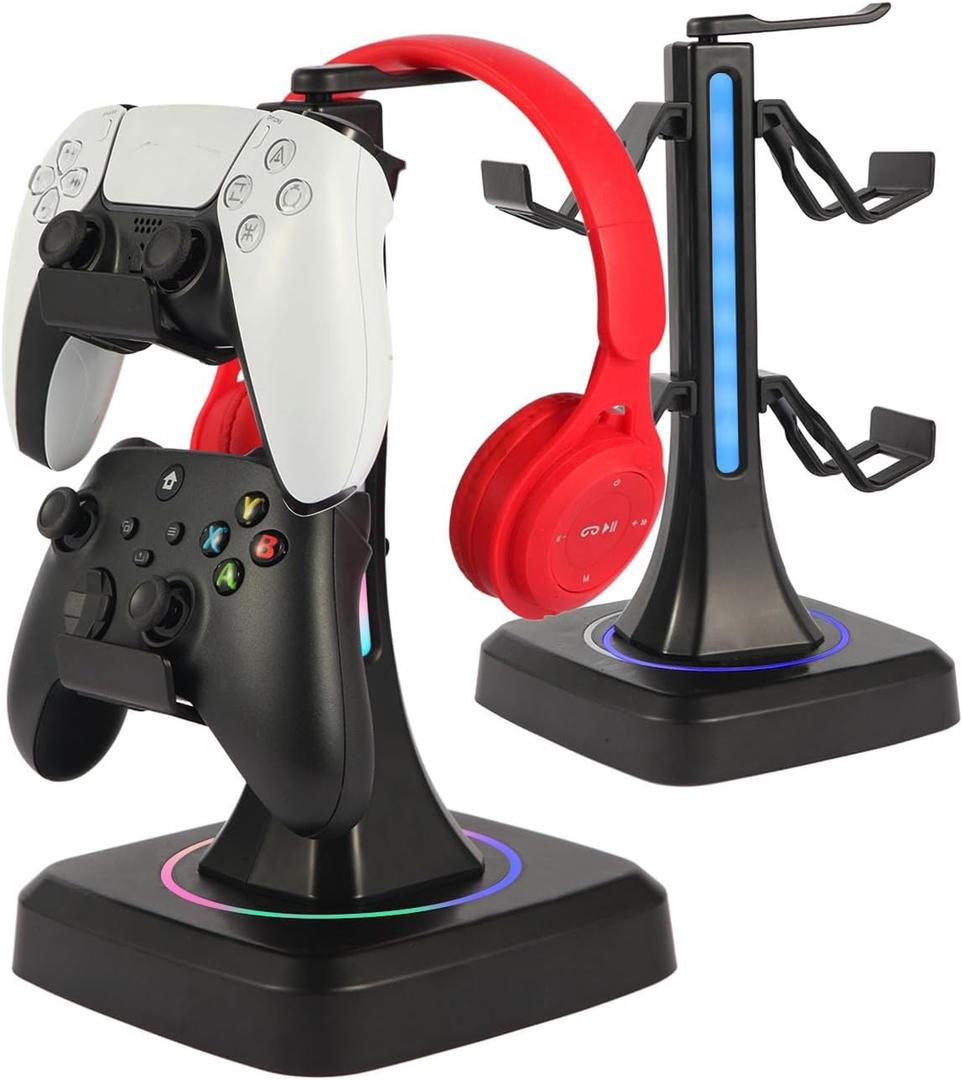 Controller Headset Stand with 10 Color Light Modes - RGB Headphone Holder for PS5, Xbox, Switch - Gaming Room Decor, Desk Organizer for Gamers