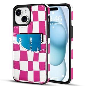 SOKAD Checkered Wallet Case for iPhone 15 with Card Holder, Cute Checkerboard Design for Women Girls, Slim Soft Leather 2 Card Slots Protective Shockproof Phone Case, Hot Pink