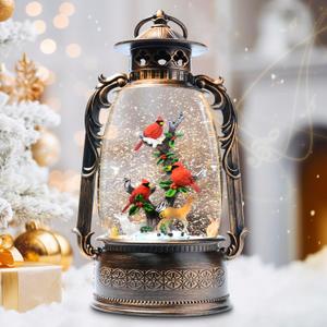 13.4" Christmas Snow Globe Lantern with Swirling Glitter Christmas Decorations Indoor, Cardinals & Rotating Tiny Animal Lighted Musical Snow Globes for Home Decoration USB Powered or Battery Operated