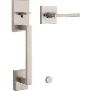 Kwikset San Clemente Front Door Handle No Lock, Entry Handleset Exterior with Interior Reversible Handed Lever, Non-Locking, Satin Nickel, Deadbolt Not Included, with Microban Protection ((Pack of 1))
