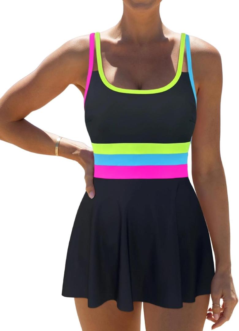 popvil Women One Piece Swimsuit 2026 Tummy Control Bathing Suit Neon Modest Swim Dress with Skirt Full Coverage (X-Large)