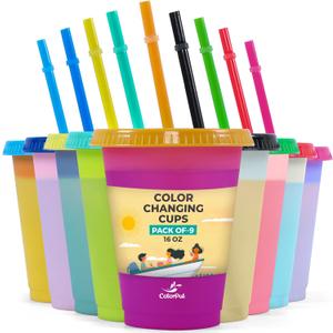 Kids Cups with Straws and Lids- 9 Packs 16 oz- Color Changing Cup - Thick Reusable Insulated Plastic Cup with Lids and Straws for Coffee Cups, Smoothie Cup (16 ounce (Pack of 9))