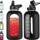 64 oz Glass Water Bottle With Straw and Handle, Half Gallon Sports Motivational Water Jug Flask with Silicone Sleeve, Large Water Cup with Time Marker for Travel, Gym, Black