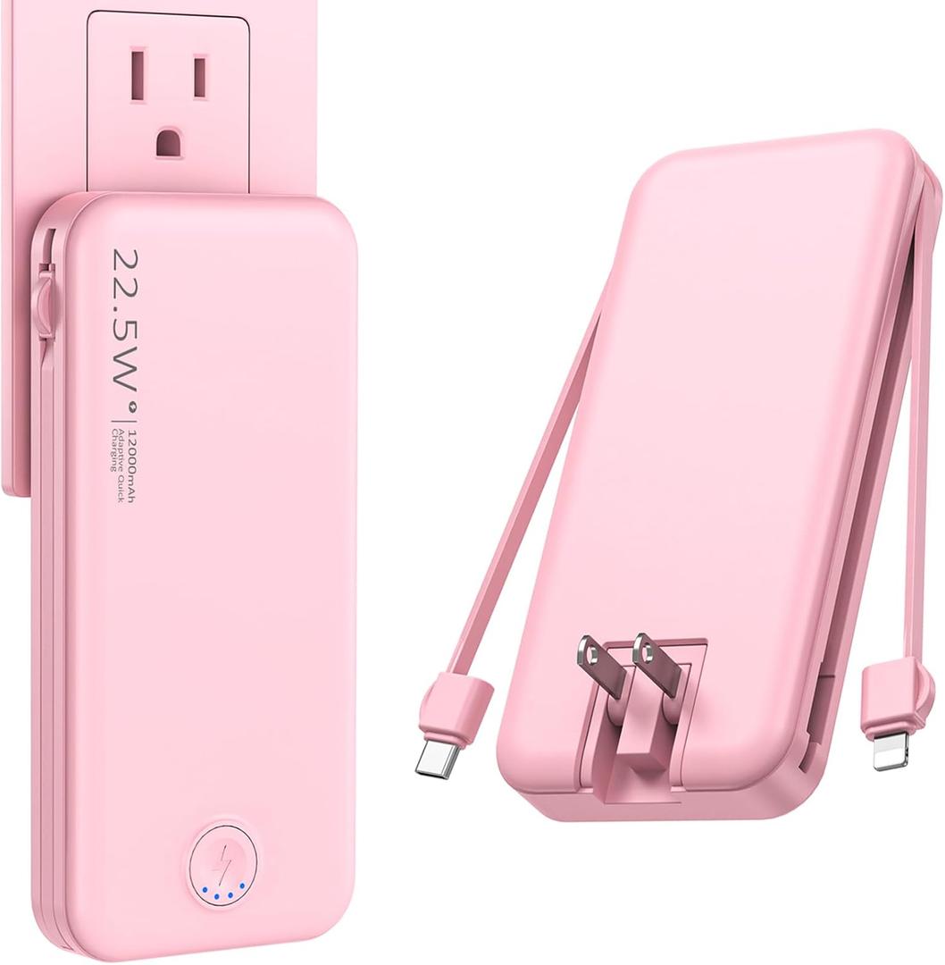 Nusyddy Portable Charger, 12000mAh 22.5W Fast Charging Power Bank with Built-in Cables & Wall Plug, Travel Essentials External Battery Pack, USB C Battery Phone Charger for iPhone, iPad, Samsung Pink