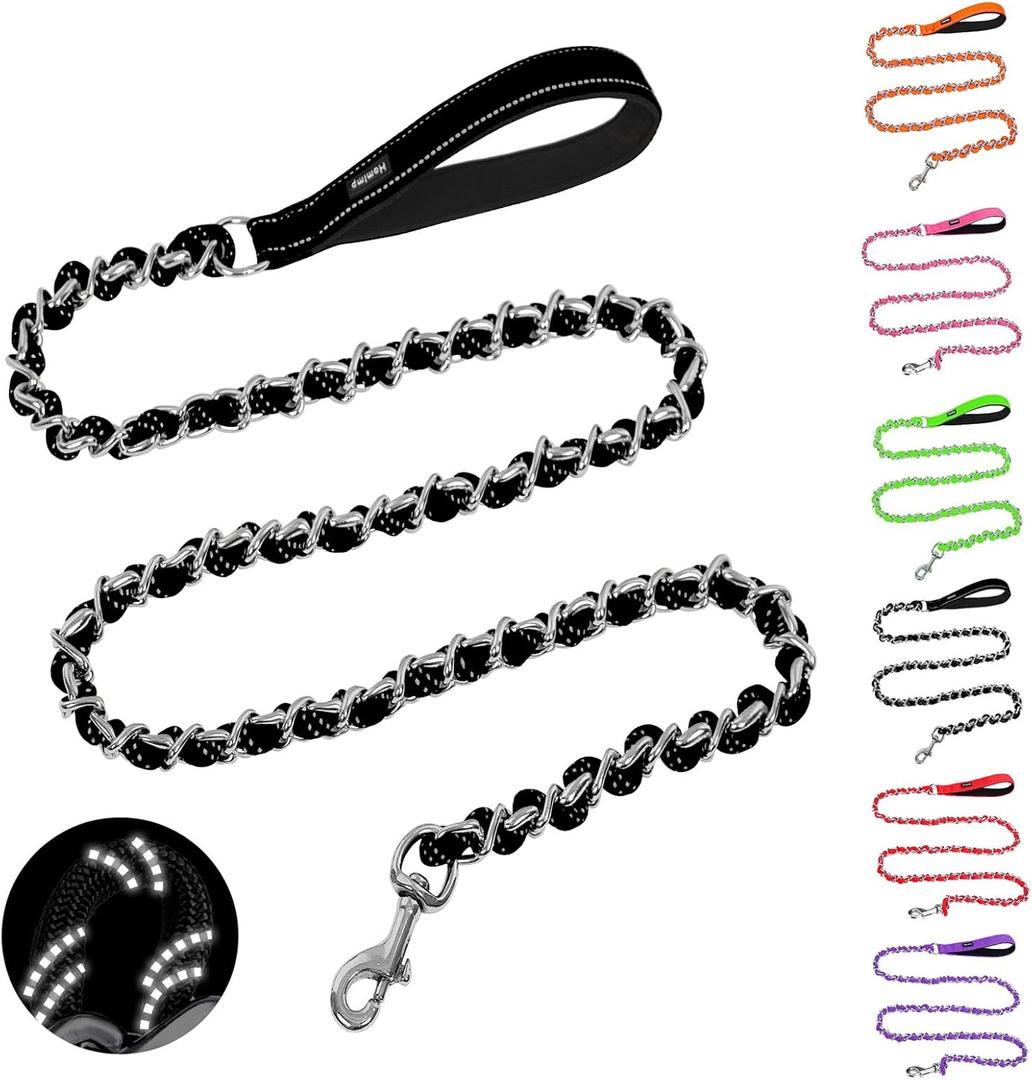 HOMIMP Chew Proof Dog Leash for Medium Large Dogs, Reflective 6 FT Heavy Duty Metal Chain Dog Leashes with Soft Padded Handle, Anti Bite Durable Rope Leashes for Pitbull, Non Chewable (Black)
