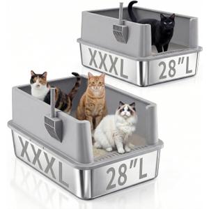 Jotesnew 2 Pack 28" Extra Large XXXL Stainless Steel Cat Litter Boxes with Lid Metal Cat Litterbox Pan for Big Cats and Multiple Cats, Anti-Leakage, Easy Cleaning, Include Scoop