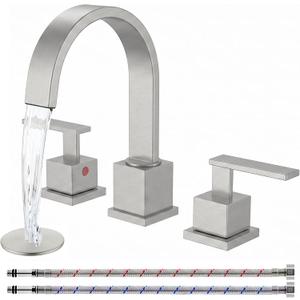 KINGO HOME 3 Hole Widespread Brushed Nickel Bathroom Faucet,Modern Waterfall 8 inch 2 Handle Bathroom Sink Faucet Vanity Bathroom Faucet for Sink 3 Hole with Pop Up Drain and Water Supply Lines