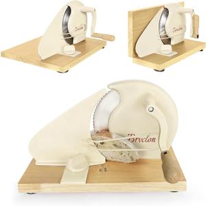 Large Foldable Manual Bread Slicer with Wooden Board & Foldable Handle,0-0.9" Adjustable Thickness,Serrated Blade & Suction Cup,Bread Slicer for Homemade Sourdough Bread,Soft Bread,Bagels,and More - Cream