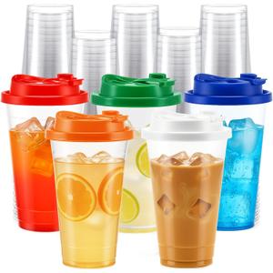 LemonRoad 100 Pack 16 oz Clear Plastic Cups with Strawless Sip Lids Disposable Halloween Party Coffee Cups with Rainbow Colors Sip Lids in 5 Colors Hot Cold Drink Tumblers for Iced Coffee Smoothies