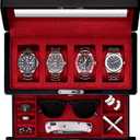 ROTHWELL 4-Slot Piano Black Watch Box with Valet Drawer - Premium Jewelry Display Case Organizer with Locking Glass Top and Microsuede Liner for Men & Women (Red Interior)
