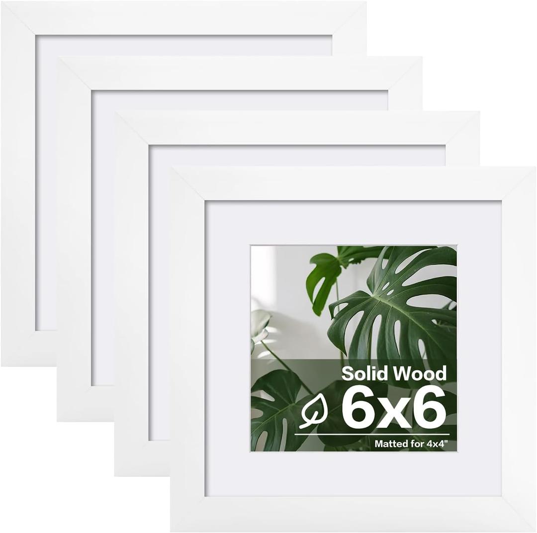Egofine 6x6 Picture Frames Set of 4, Made of Solid Wood Covered by Plexiglass Display 4x4 with Mat or 6x6 without Mat, for Table Top Display and Wall Mounting Photo Frame, White