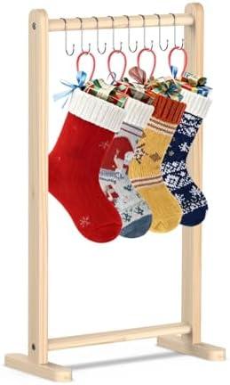 TangFee Wooden Christmas Stocking Holder Stand, 6 Hooks Wood Xmas Stocking Hanger Floor Stands, 51x26x88Cm/20 * 10 * 35inch