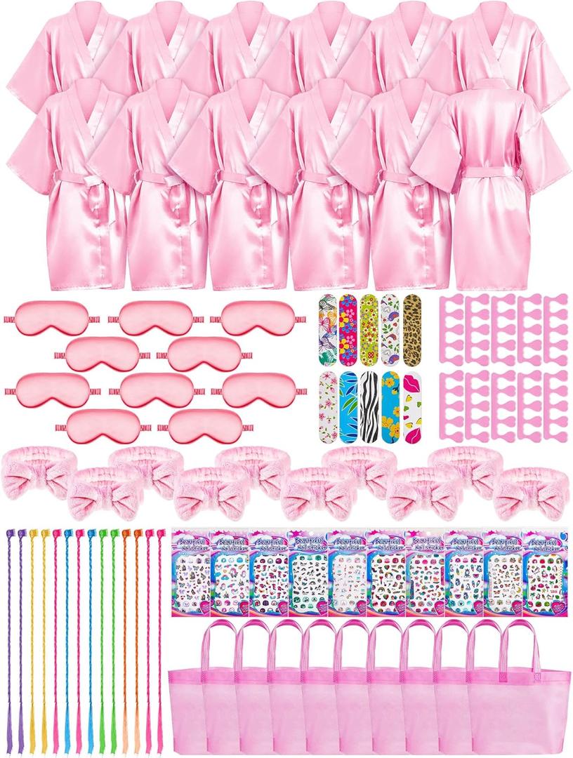 Xuhal 92 Pcs Spa Party Supplies Slumber Party Spa Pretend Play Set with Satin Robes, Headbands and Eye Masks, Sleepover Kit with Gift Bags, Total 10 Sets(Pink,14)