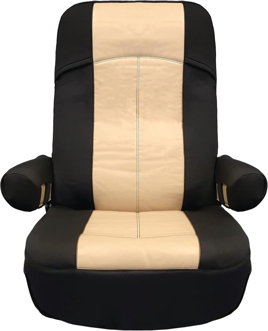 RV Designer GripFit+ Motorhome Seat Covers 2-Pack - Premium 100% PVC Leatherette Class-A RV - Pet-Friendly, Easy-to-Clean, Durable, Fire Retardant - Side Pockets  Black and Tan