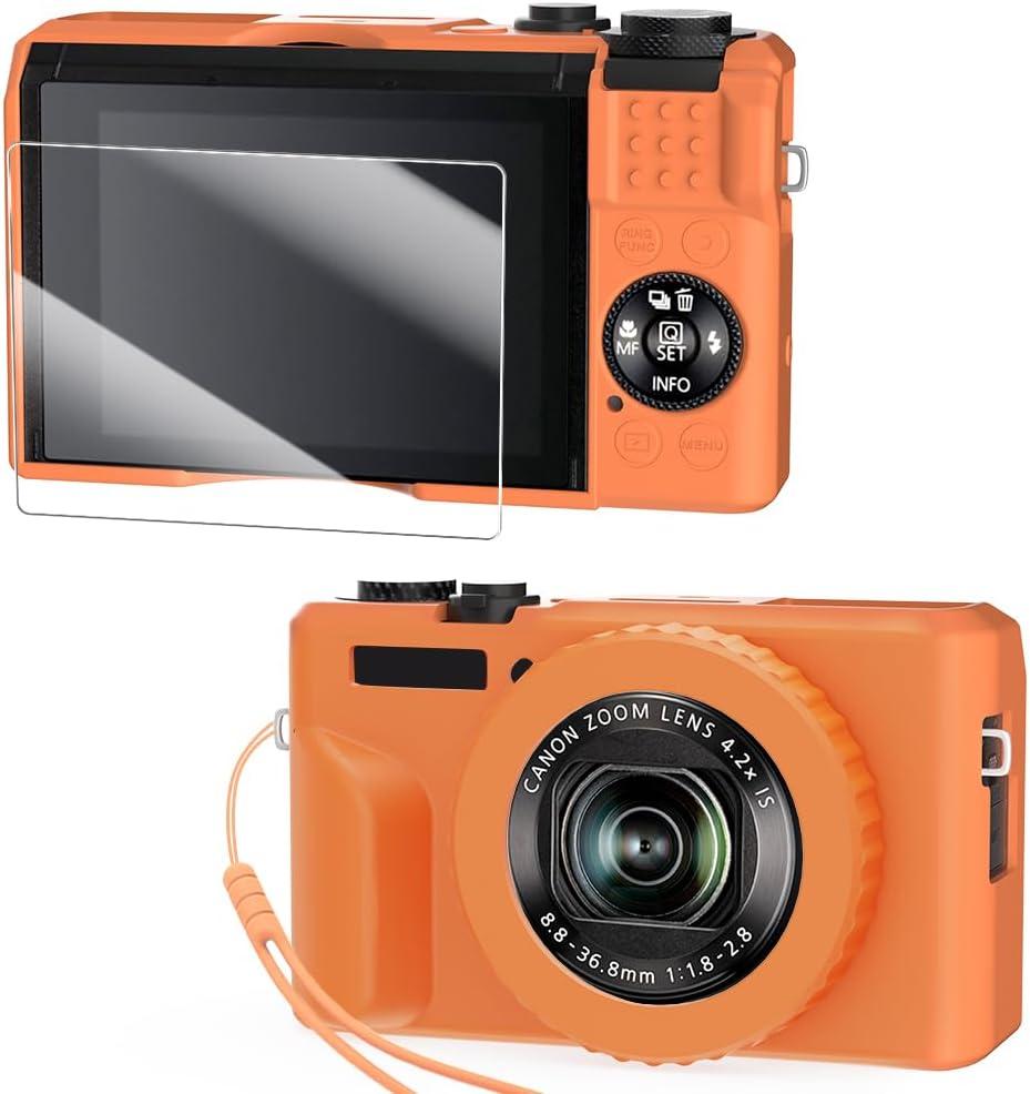 2 x Silicone Case for Powershot G7X Mark II Digital Camera with with Removable Lens Cover and Screen Protector and a Lanyard for Powershot G7X Mark II Accessories -(Orange)