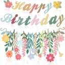 2 Pcs Birthday Decorations for Women Flower Birthday Decorations Spring Pink Decor Flowers and Circle Dot Garland Boho Pre Strung Banner