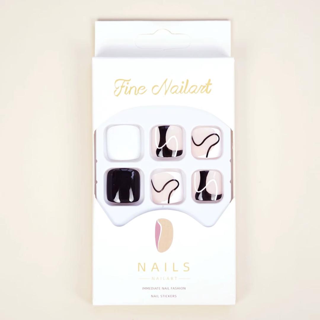 RODAKY French Press on Toenails for Women Full Cover Line black False Nails for Toe Fashion White Fake Toenail Square Toe Nail Tips Designs Nails Artifical Toenail Acrylic Foot Nail Tips 24Pcs