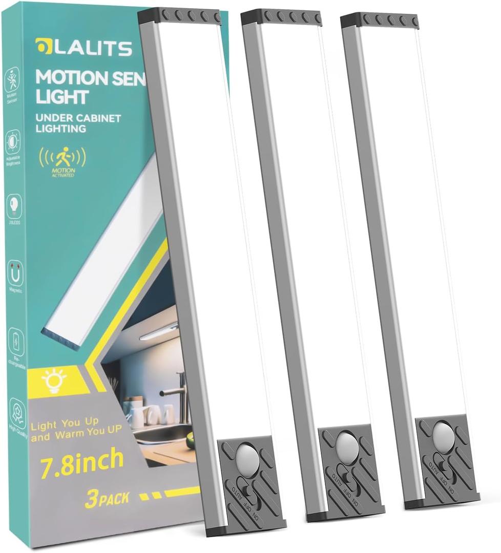 Under Cabinet Lighting, Equipped with Motion Sensor, Rechargeable Battery Operated3-Level Adjustable Brightness, 3 Pack Magnetic Under Counter Lights for Kitchen, Closet, Pantry, 7.8" Under Cabinet Lighting, Equipped with Motion Sensor, Rechargeable Battery Operated3-Level Adjustable Brightness, 3 Pack Magnetic Under Counter Lights for Kitchen, Closet, Pantry, 7.8"