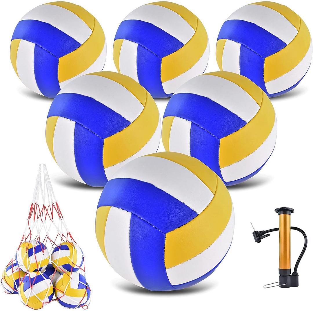 6 Pack Volleyballs Official Size 5, Waterproof Soft Volleyball With Pump and Net Bag for Indoor Outdoor Beach Pool Water Gym Training - Competition Volley Ball for Training Match for Beginner (Blue-Red-White)