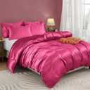 Horbaunal 5 Pieces Satin Duvet Cover Set Queen/Full Size Hot Pink Duvet Cover with Corner Ties & Zipper Closure, Luxury & Silky Bedding Set, 1 Duvet Cover and 4 Pillowcases (No Comforter)