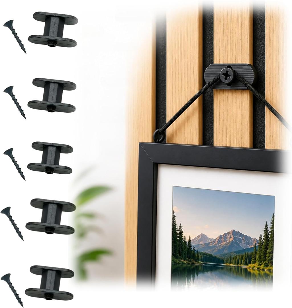 Adjustable Picture Hook for Acoustic Panels, No Drill Slat Wall Hooks, Black Acoustic Wall Panel Accessories for Vertical Wood Slat Panels Art Hanging