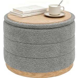 B FSOBEIIALEO Round Storage Ottoman with Tray, Folding Ottoman with Storage Coffee Table Foot Rest for Dorm Room Living Room Chenille Fabric,Wood-Grain Leather Base,Grey,22.83"x22.83"x17.35"