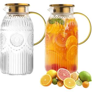 Amzcku Glass Pitcher with Lid, 68 oz/ 2 Liter 2Pack Vintage Water Pitcher,Glass Water Carafe for Cold Brew, Coffee, Lemonade, Iced Tea,Beverage, Heat Resistant Jug